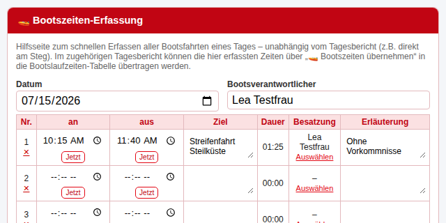 Bootszeiten-Erfassung mit Bootsverantwortlichem und Fahrten-Tabelle