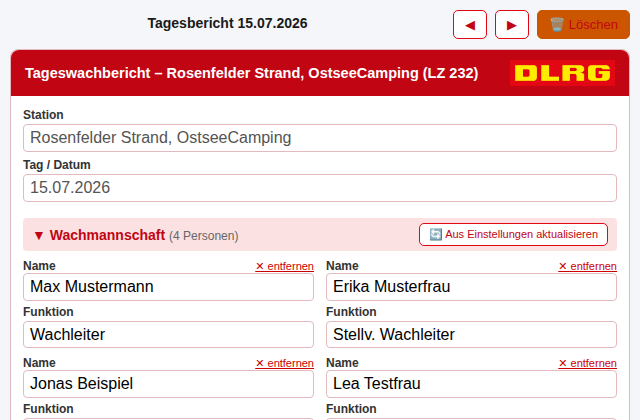 Ausschnitt eines Tagesberichts mit Wachmannschaft und Streifen-/Wachdienststunden