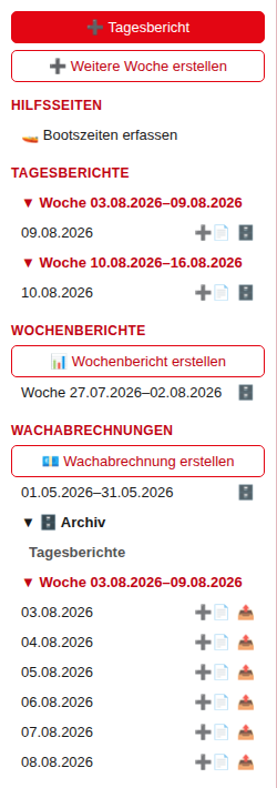 Seitenleiste mit Tagesberichten, Wochenberichten, Wachabrechnungen und aufgeklapptem Gesamtarchiv